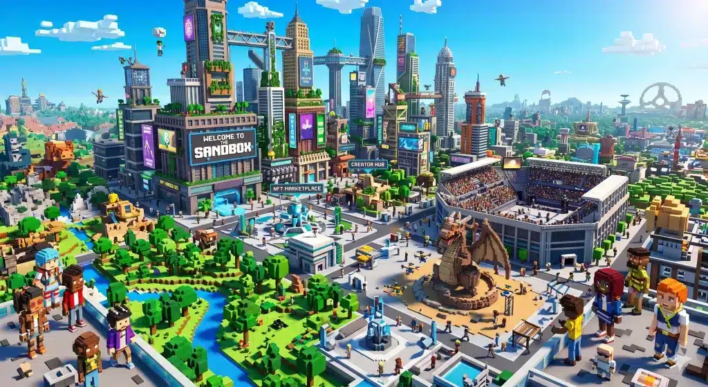 Voxel-style metaverse city with a Sandbox welcome sign, NFT marketplace, creator hub, stadium, skyscrapers, and blocky game characters in a bright virtual world.